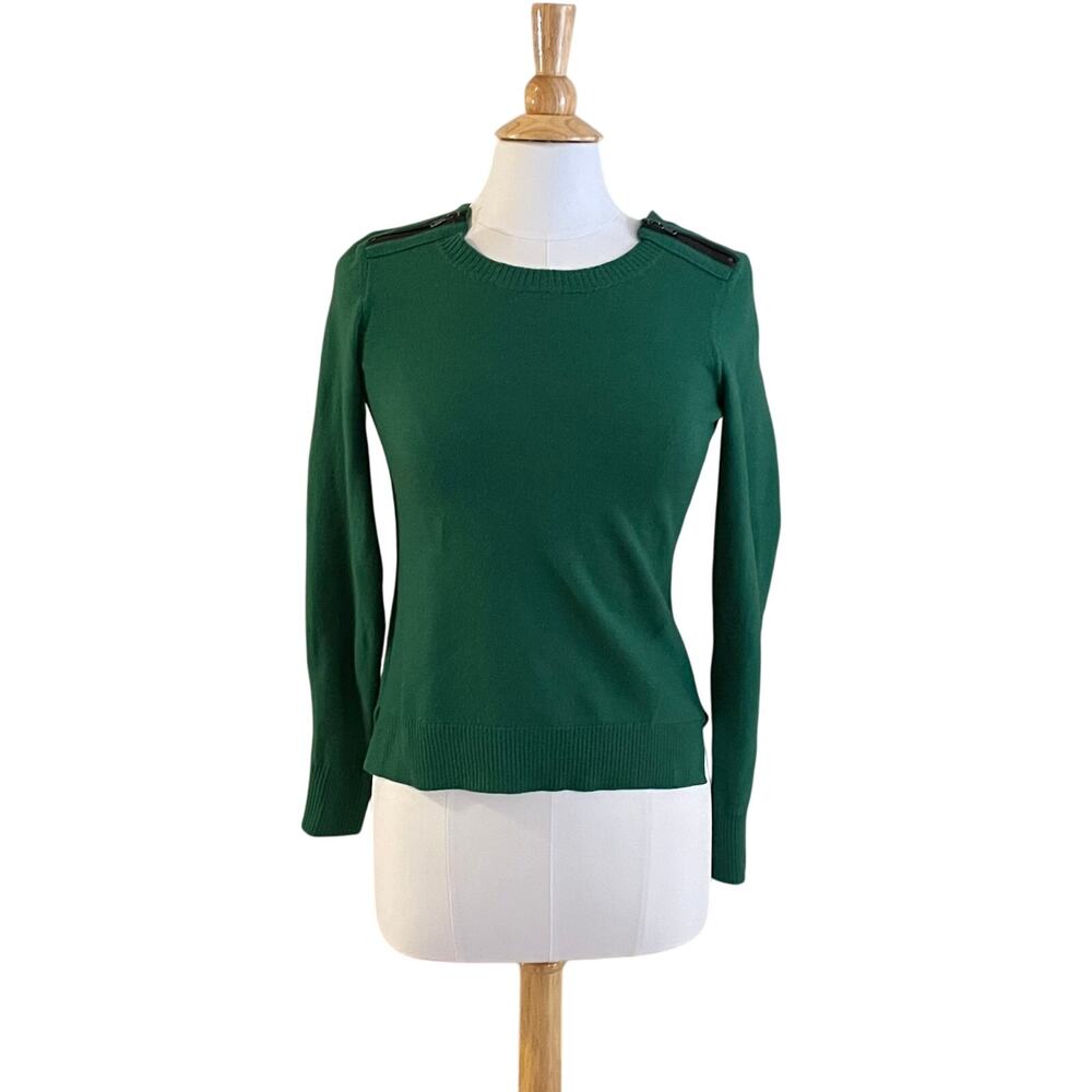 Tahari Dark Green Extrafine Merino Wool Crew Neck Sweater, Zipper Detail, S